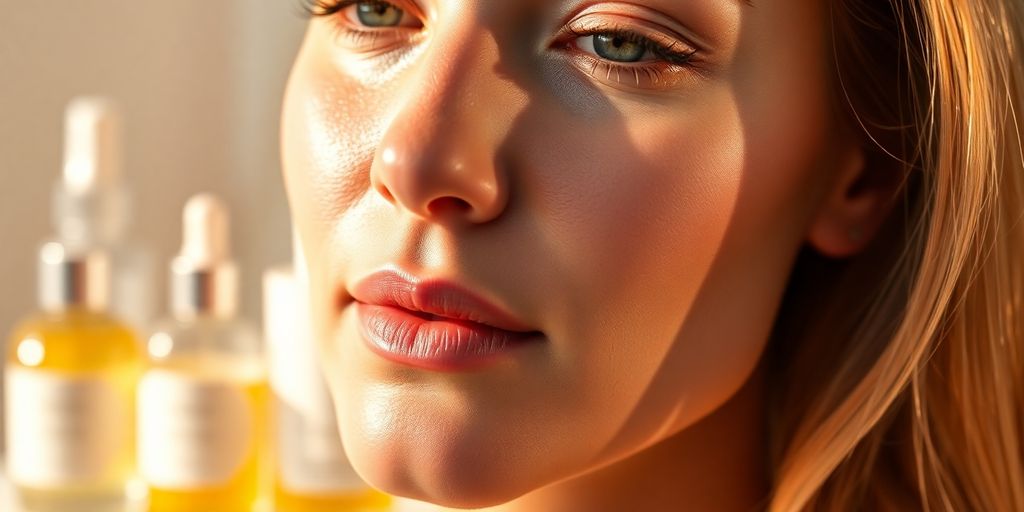 Woman's radiant skin with skincare products in background.