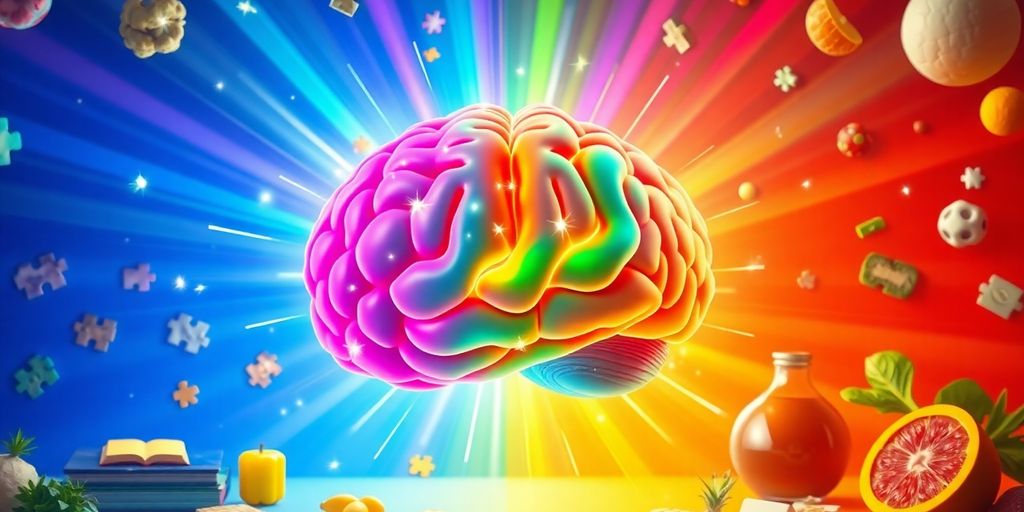 A brain with colorful light rays and cognitive elements.
