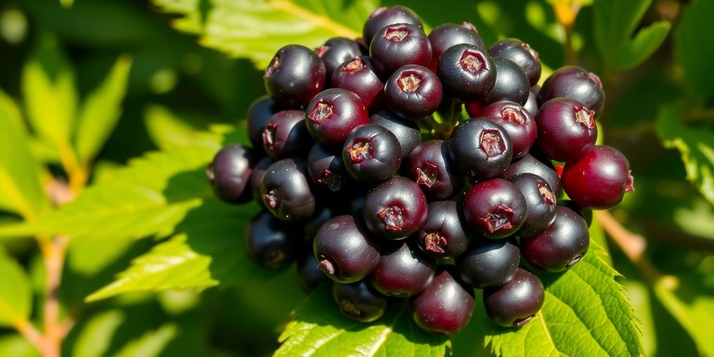 Fresh elderberries on a green leaf in sunlight.