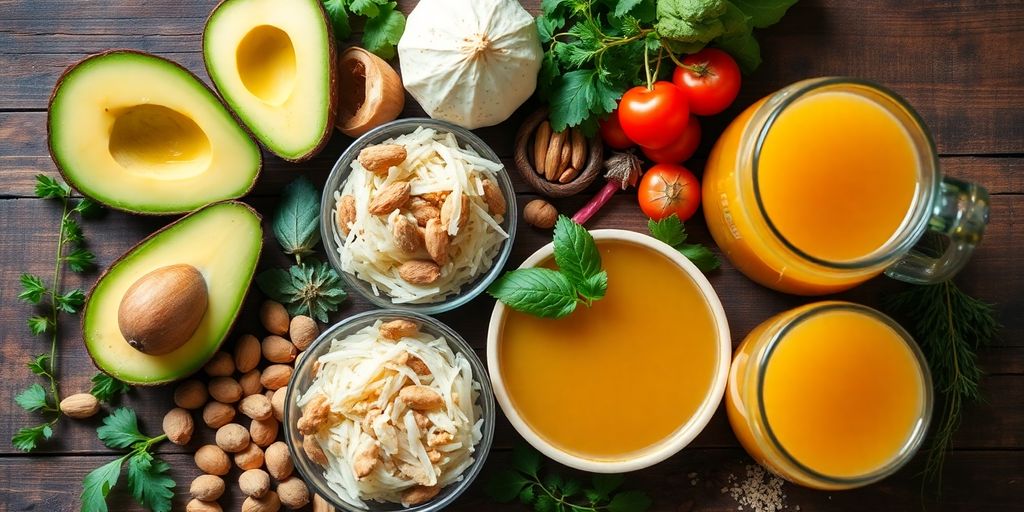 Colorful foods for gut health on a wooden table.