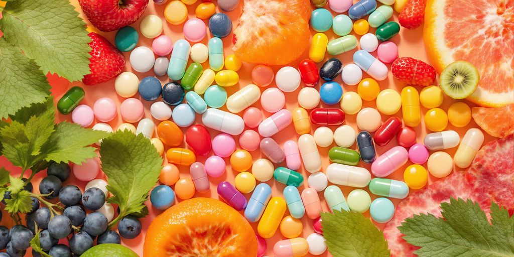 Colorful multivitamins with fresh fruits and greens.