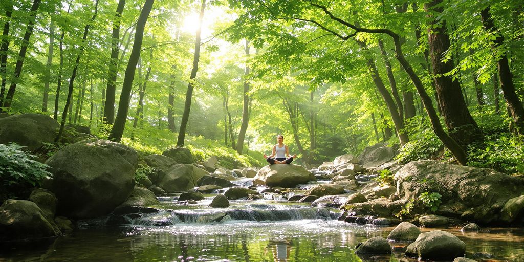 A peaceful forest scene with a person meditating.