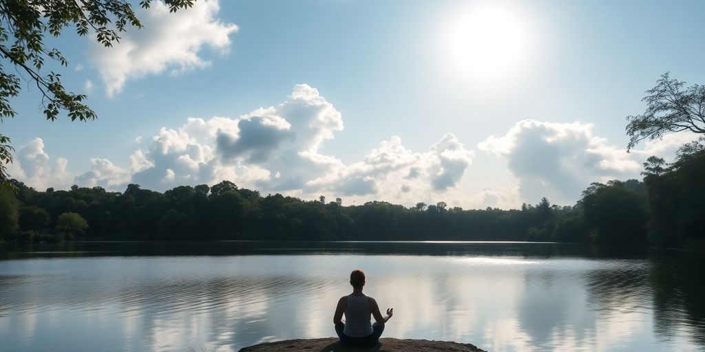 Person meditating by a calm lake in nature.