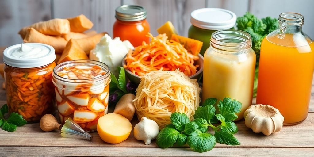 Colorful fermented foods for digestive health benefits.