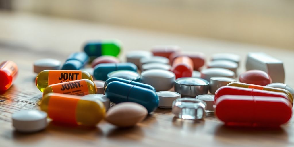 Assorted joint pain tablets on a wooden table.