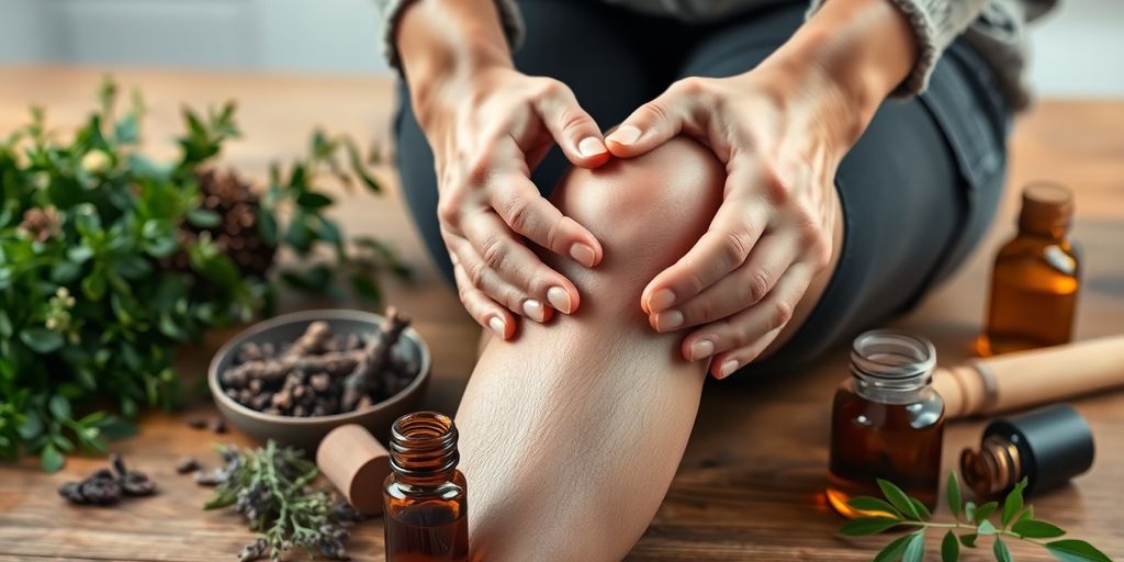 Hands massaging a knee with natural herbs nearby.