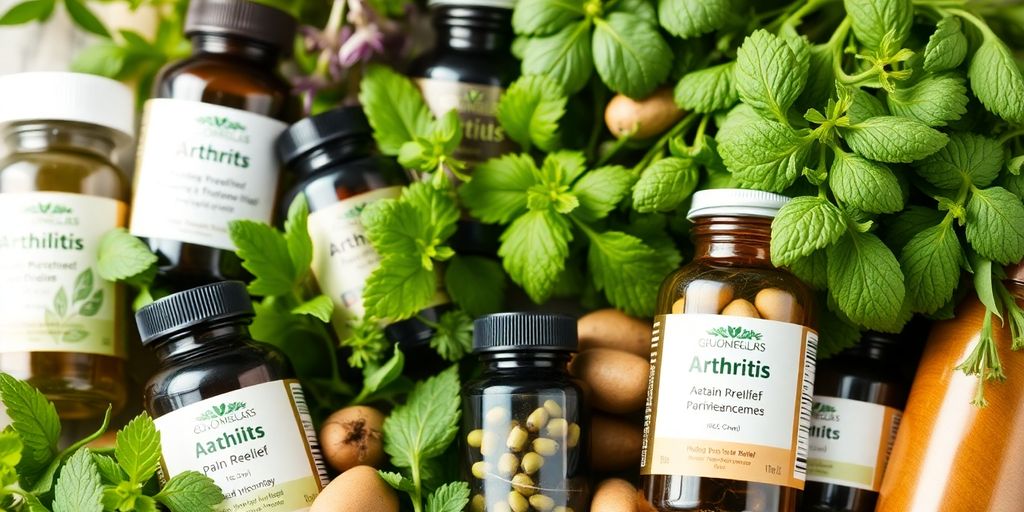 Herbal supplements and fresh herbs for arthritis relief.