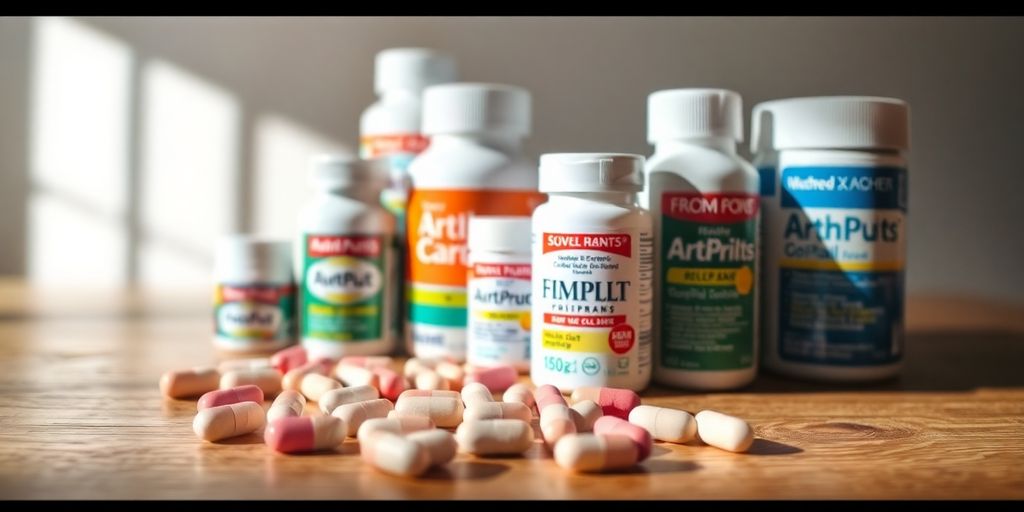 Close-up of OTC arthritis pain medications on a wooden surface.