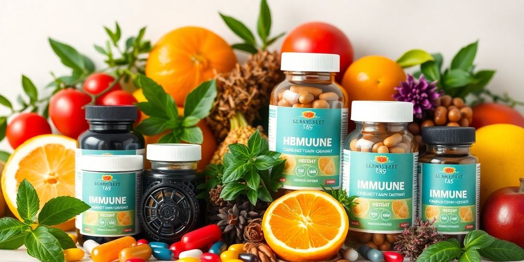 Vibrant immune supplements with herbs and fruits on a table.