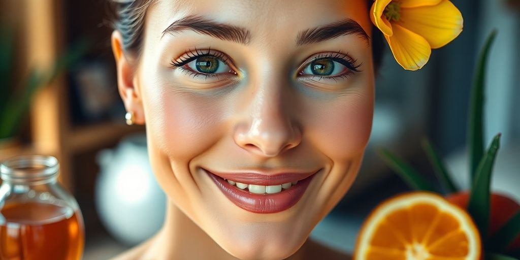 Close-up of a woman's glowing skin with natural ingredients.