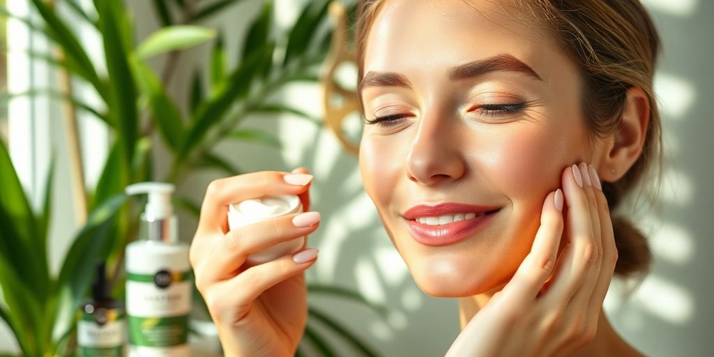 Woman with glowing skin applying moisturizer in a natural setting.