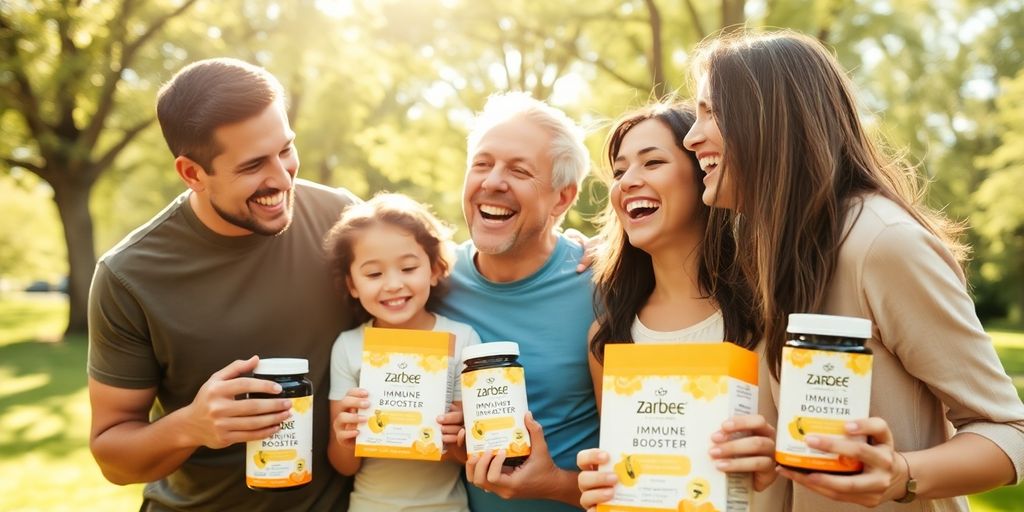 Family enjoying nature with Zarbee's Immune Booster products.