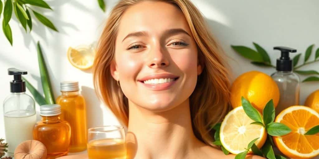 Glowing skin with natural skincare products on a table.