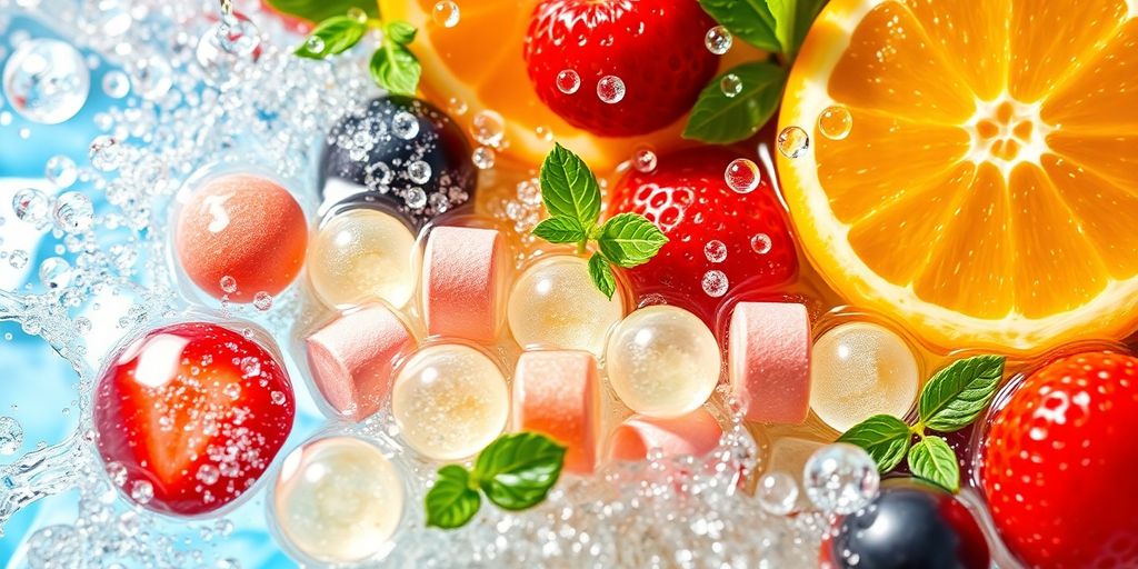 Effervescent tablets fizzing in a glass of water.