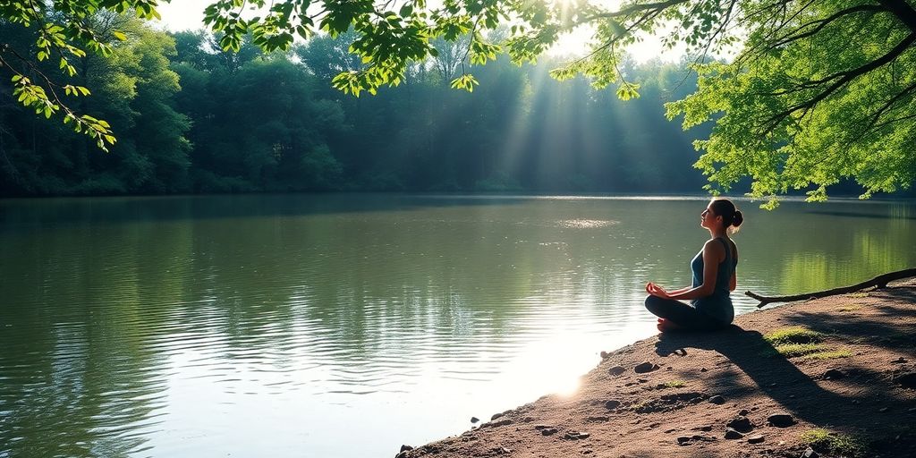 Person meditating by a peaceful lake in nature.