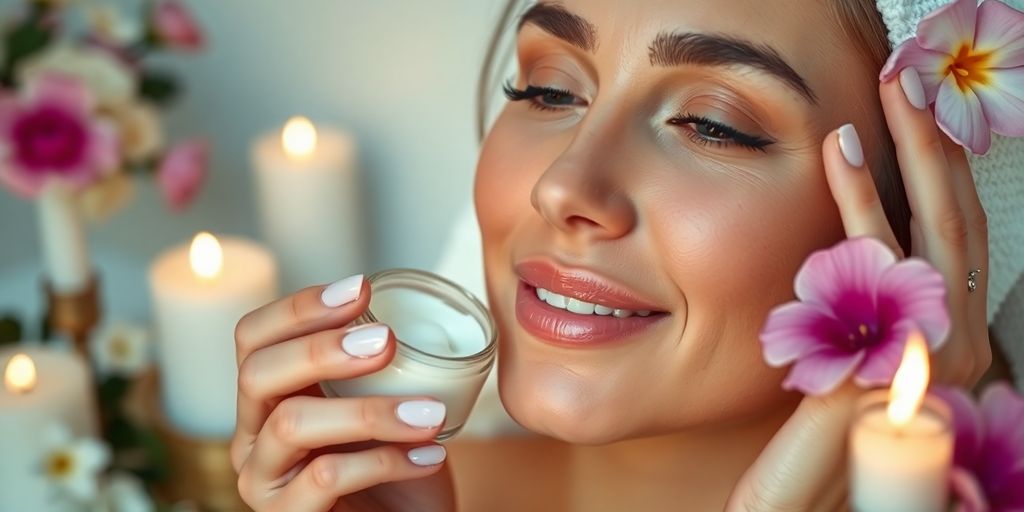 Woman applying cream for glowing skin in a spa setting.