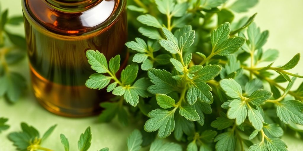 Fresh oregano leaves and oil bottle on green background.