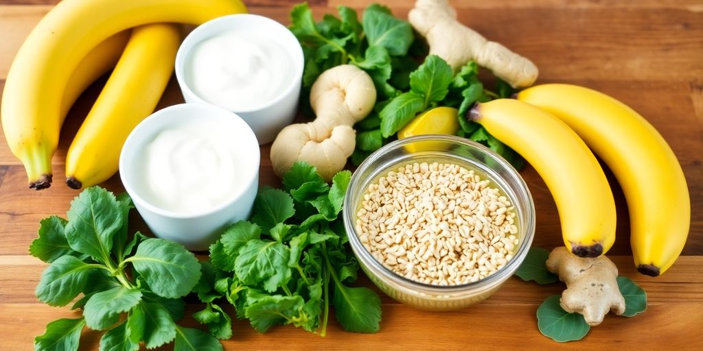 Assorted calming foods for nervous stomach relief on table.
