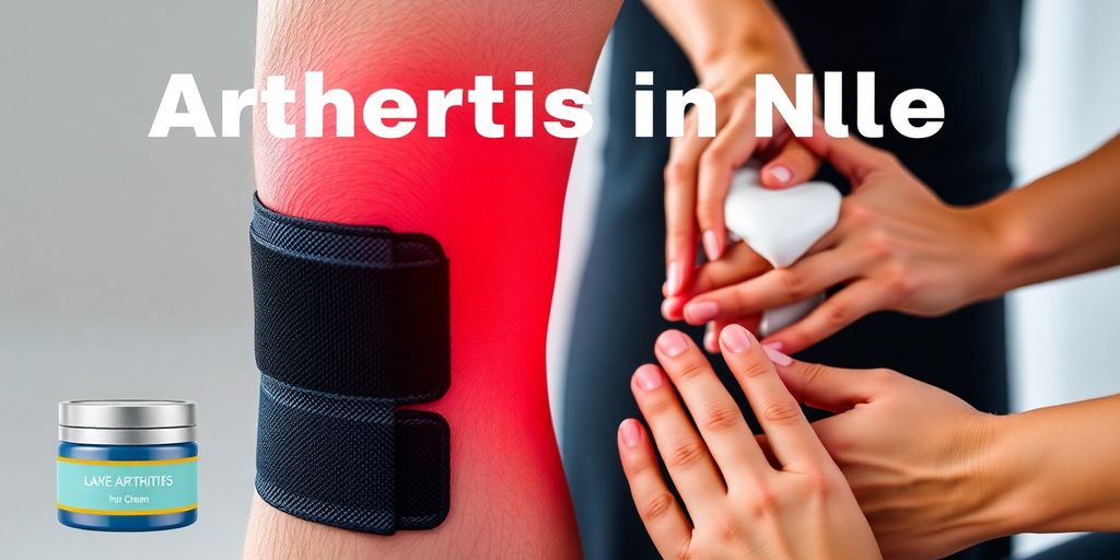 Knee joint with brace and cream for arthritis treatment.