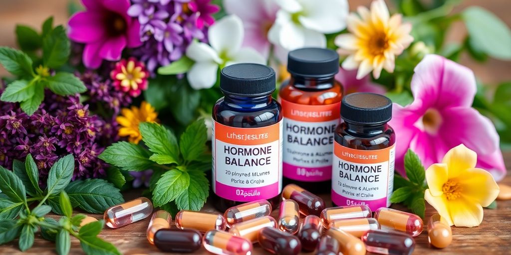 Colorful hormone balance capsules with herbs and flowers.