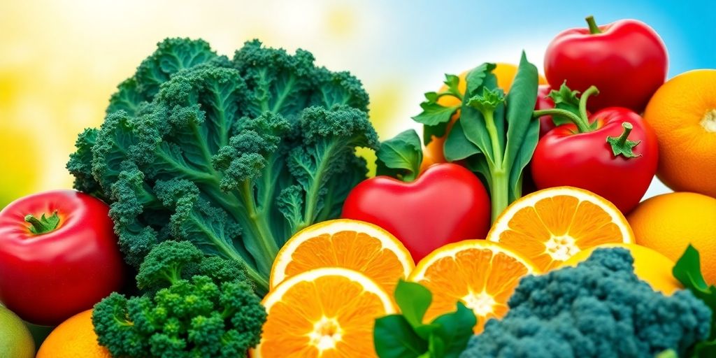 Fresh fruits and vegetables shaped like a heart.