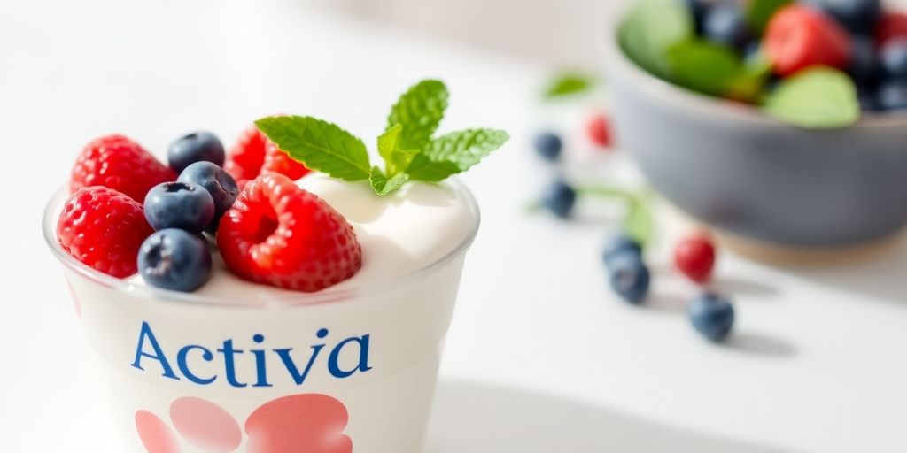Activia yogurt with berries and mint on a table.