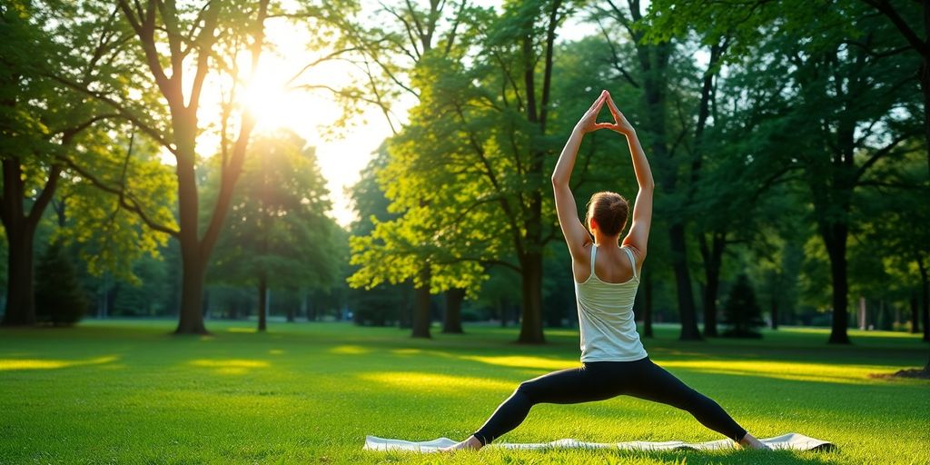 Person practicing yoga in a sunny green park.