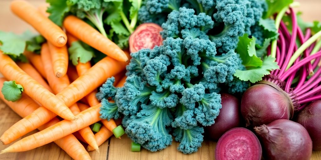 Colorful vegetables for gut health on a wooden table.