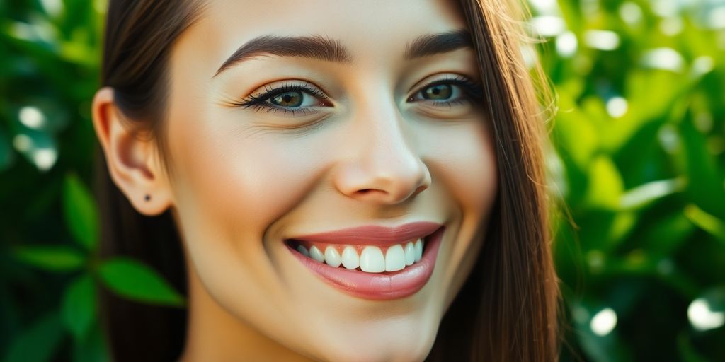 Radiant woman with glowing skin in natural light.