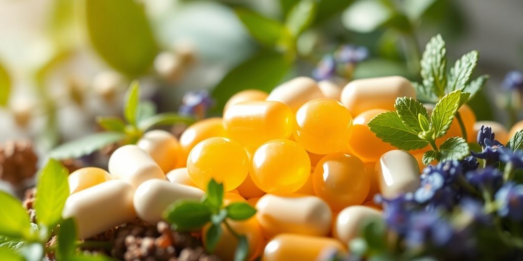 Vitamin B5 supplements with herbs against a calming background.
