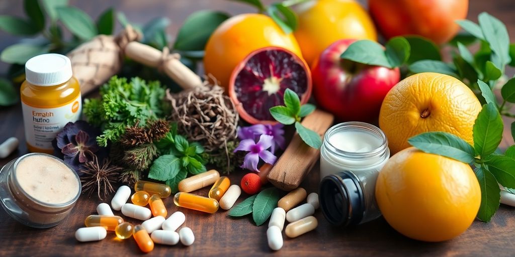 Natural supplements for hormone health on a wooden background.
