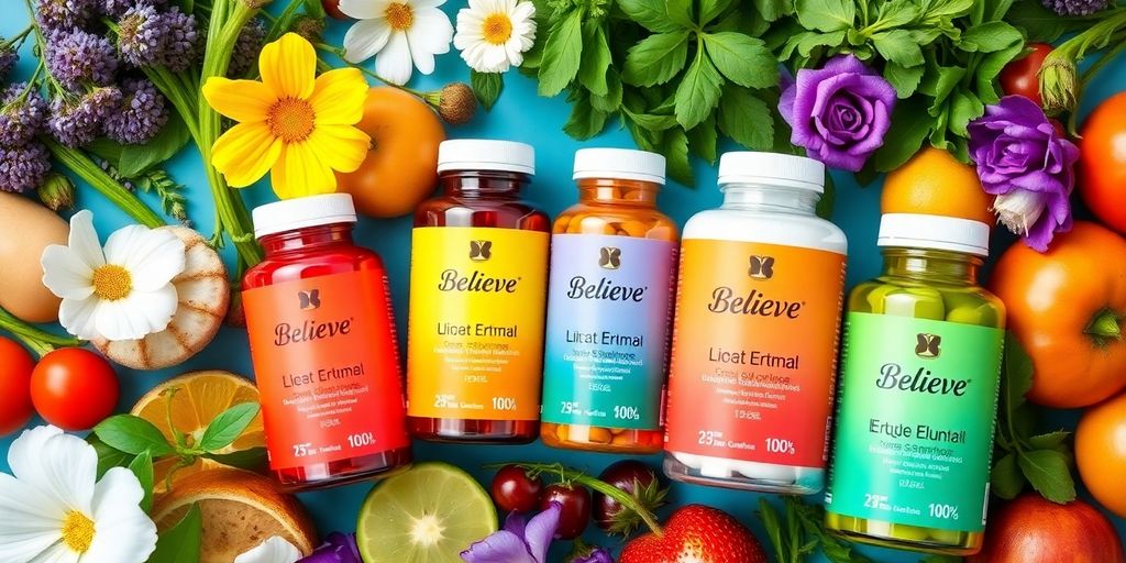 Colorful supplement bottles with fresh herbs and fruits.
