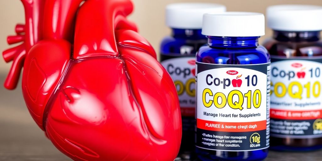 Heart model and CoQ10 supplements on a surface.