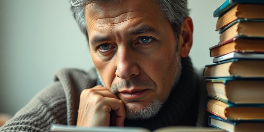 Person deep in thought with books and notepad.