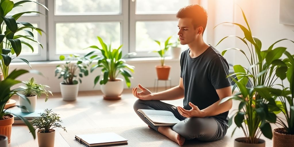Person meditating in a peaceful workspace with plants.