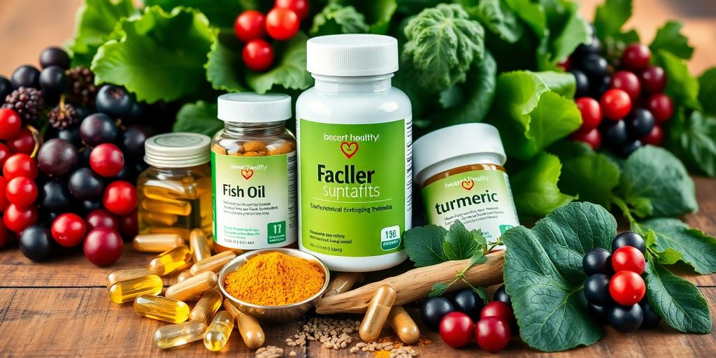 Heart-healthy supplements with greens and berries on table.