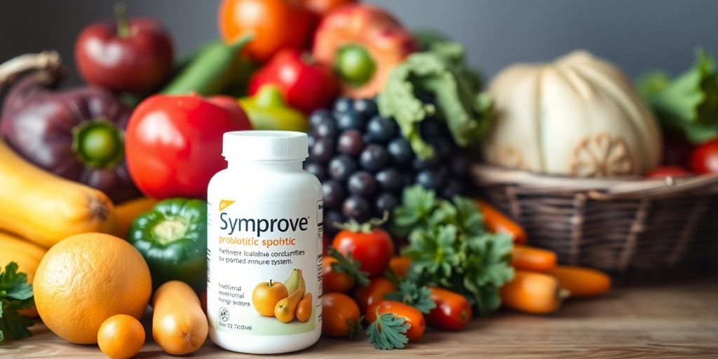 Fresh fruits, vegetables, and Symprove probiotic bottle on table.