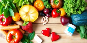 Fresh fruits and supplements for heart health display.