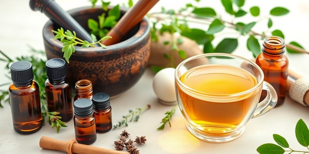 Natural remedies for pain relief with herbs and oils.