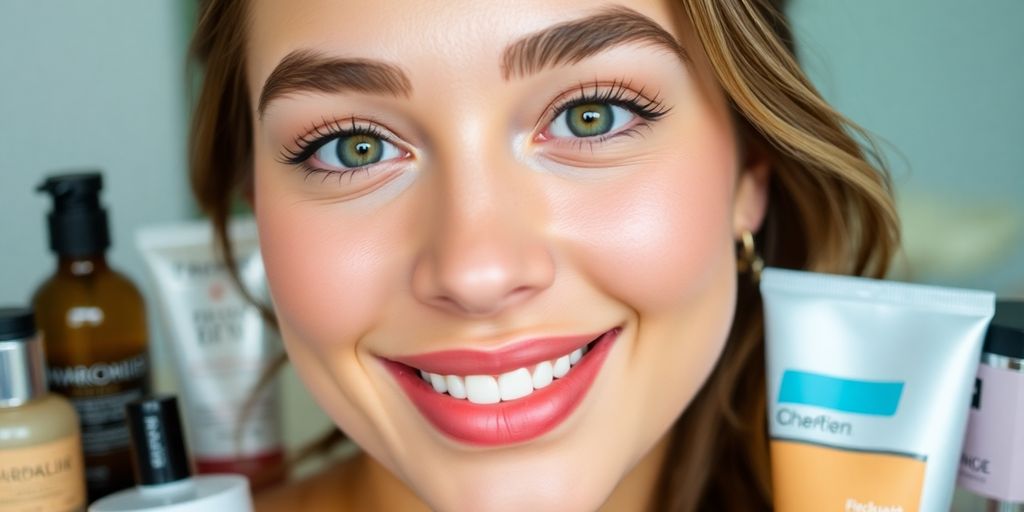 Smiling woman with glowing skin and fresh makeup.