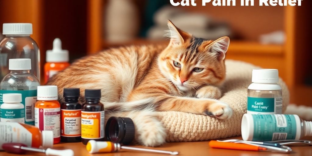 Comfortable cat with pain relief medications and tools.