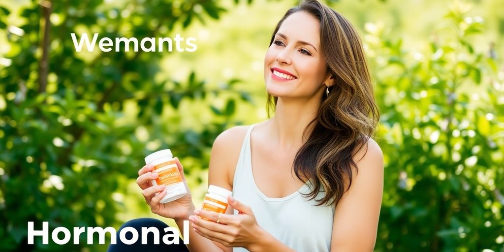 Woman in nature holding supplements for hormonal balance.
