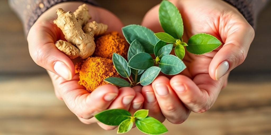 Hands holding natural remedies for arthritis treatment in fingers.