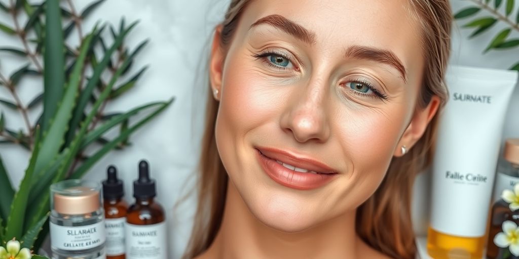 Woman with glowing skin and natural skincare products.