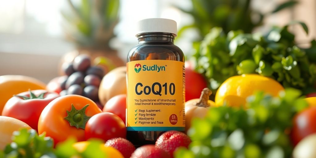 Close-up of CoQ10 supplement with fresh fruits and vegetables.