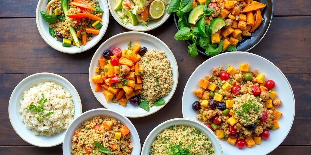 Colorful gut-healthy dinner dishes on a rustic wooden table.