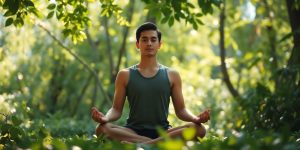 Person meditating in nature, surrounded by greenery and sunlight.