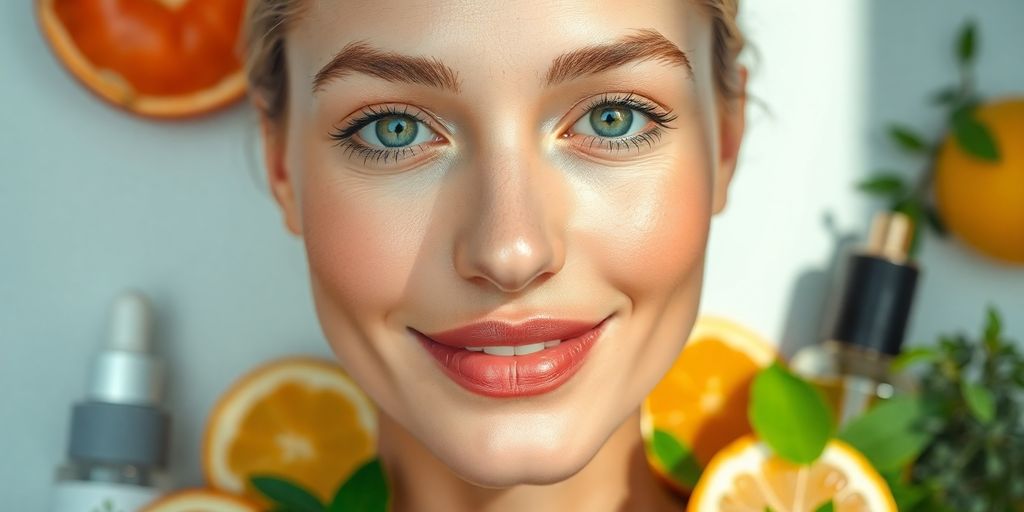 Glowing face with natural skincare ingredients and soft lighting.