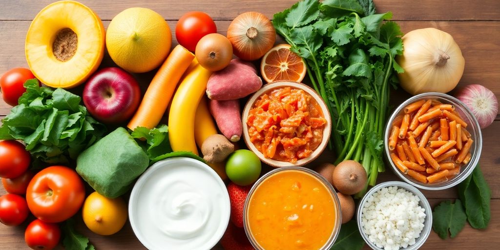 Colorful gut-healthy foods on a wooden table arrangement.
