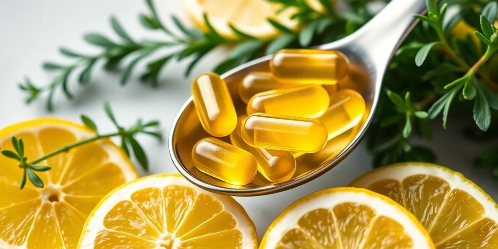 Fish oil capsules with herbs and lemon on a spoon.